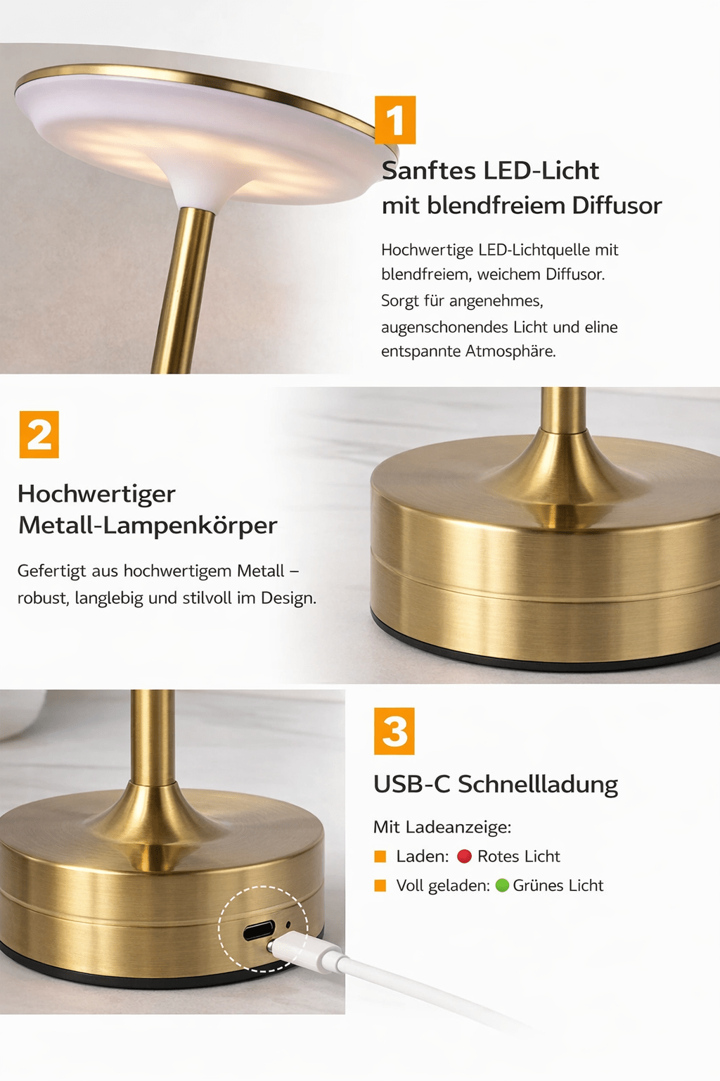 LED Tischleuchte Kabellos – Touch - Sensor, Dimmbar, USB - Akku | CalveraHome - CalveraHome
