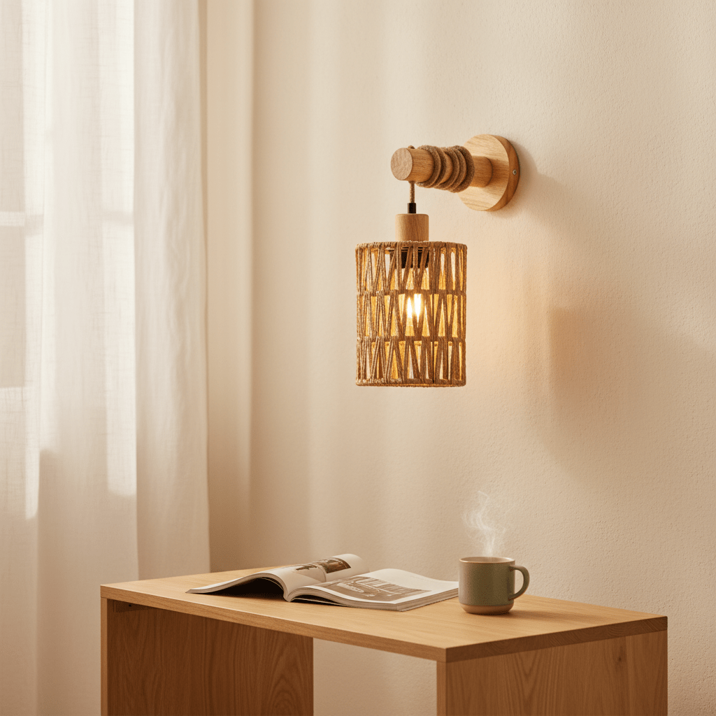 Rustikale Hanfseil Wandlampe – Rattan Farmhouse Licht - CalveraHome